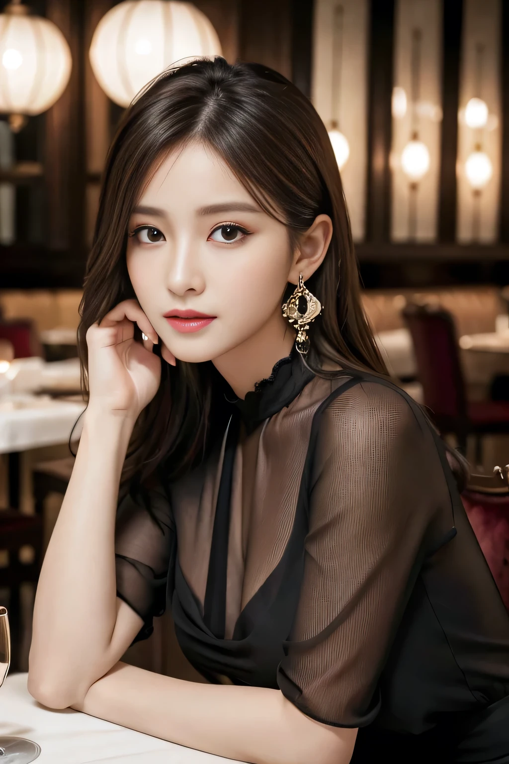 masterpiece, Highest quality, Realistic, Very detailed, Finer details, High resolution, 8k wallpaper, One beautiful woman,Wear an elegant black see-through blouse, In a great restaurant, At night, Light brown messy hair, Perfect dynamic composition, Beautiful and beautiful eyes、Big earrings、Sit on a chair、