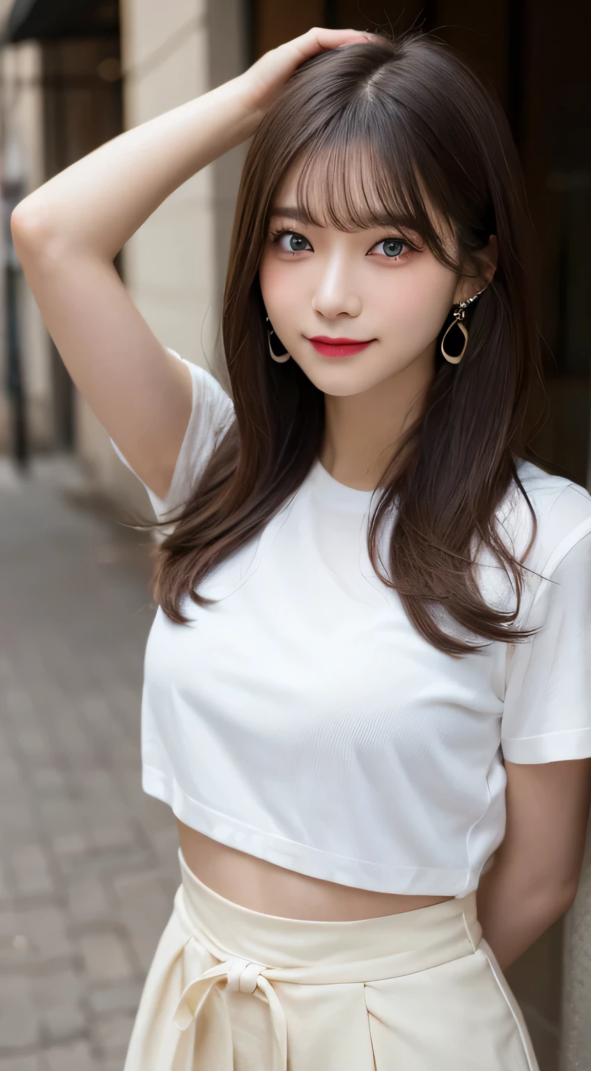 Gray eyes, Summer Shirts, Ribbon tie, skirt, Light Blonde, In town, Chest thrust pose, Breast-flaunting pose, 8K Raw Photos, High resolution, Cool Korean 16 year old, Very big round breasts, Beautiful eyes in every detail, Long eyelashes, Beautiful double eyelids, eye shadow, eyeliner, Narrow eyes, Elongated eye shape, Three white eyes, Wicked Smile, Evil look, Beautiful and slim legs, Beautiful and thin thighs, Random Medium Hair, Tie your hair behind your head, Earrings,color々A pose