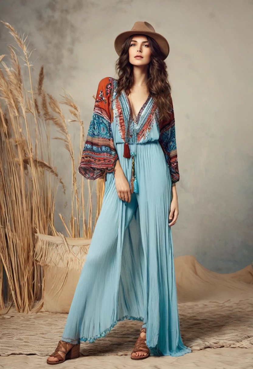 , Beautiful attractive woman , stand up, boho style, full-length 