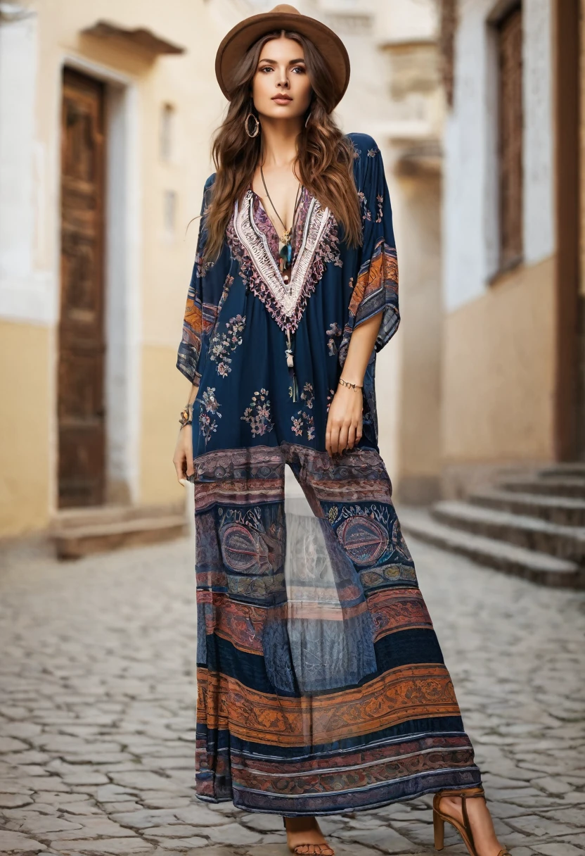 , Beautiful attractive woman , stand up, boho style, full-length