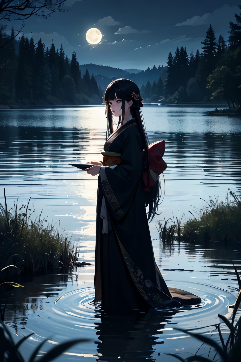 Absurd, High resolution, Super detailed, (ultra-Detailed Background, Detailed Background), zombie, Horror, (Tangled:1.2), (Geometric:1.2),Lakeside Forest, pale skin, Big Eyes, Moonlit water surface, woman, kimono, Long black hair, Mysterious atmosphere, Reflection of moonlight, standing by the lake, Fantastic landscape