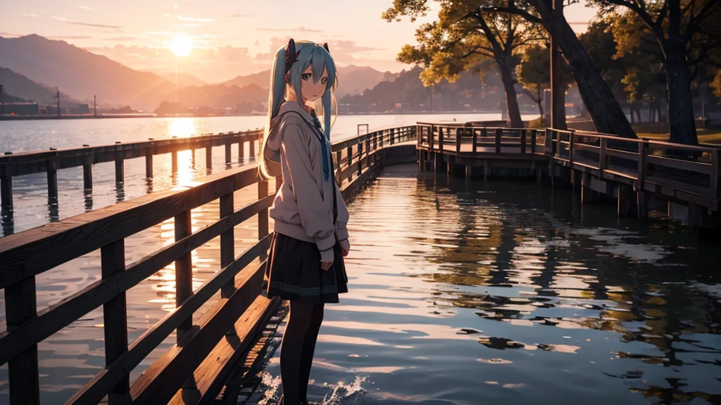 Hatsune Miku standing on a wooden bridge illuminated by the setting sun。She stared into the distance、I&#39;m reminiscing on fond memories。Surrounded by a quiet lake、Her hair is blowing in the wind。This scene is、It has a calm and emotive atmosphere that connects the past and the present.。
