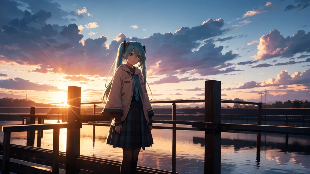 Hatsune Miku standing on a wooden bridge illuminated by the setting sun。She stared into the distance、I&#39;m reminiscing on fond memories。Surrounded by a quiet lake、Her hair is blowing in the wind。This scene is、It has a calm and emotive atmosphere that connects the past and the present.。