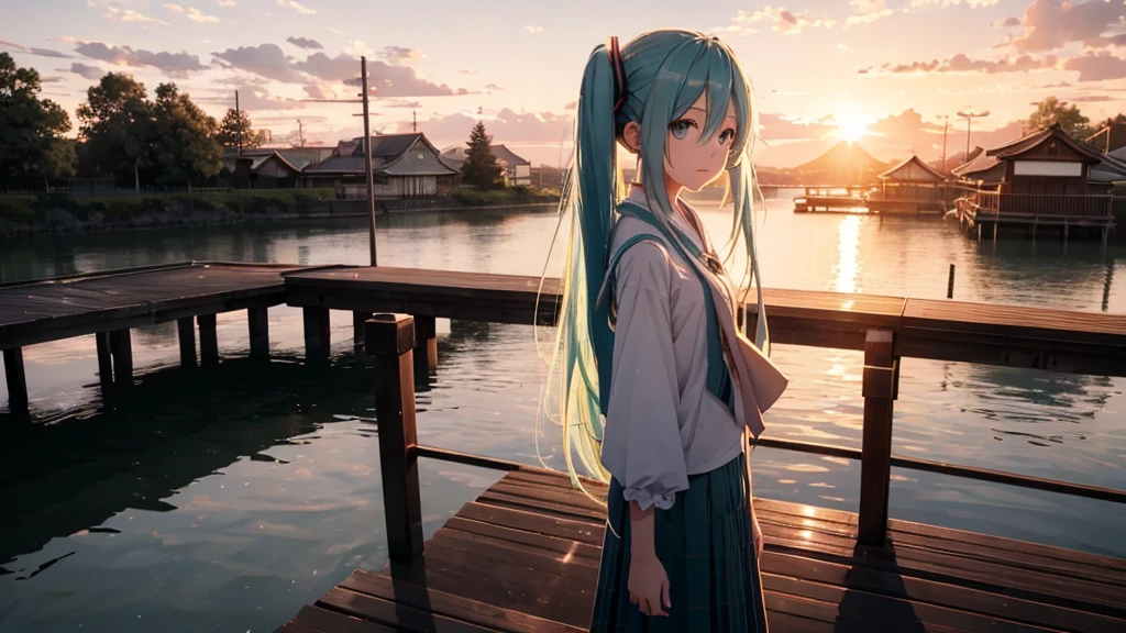 Hatsune Miku standing on a wooden bridge illuminated by the setting sun。She stared into the distance、I'm reminiscing on fond memories。Surrounded by a quiet lake、Her hair is blowing in the wind。This scene is、It has a calm and emotive atmosphere that connects the past and the present.。