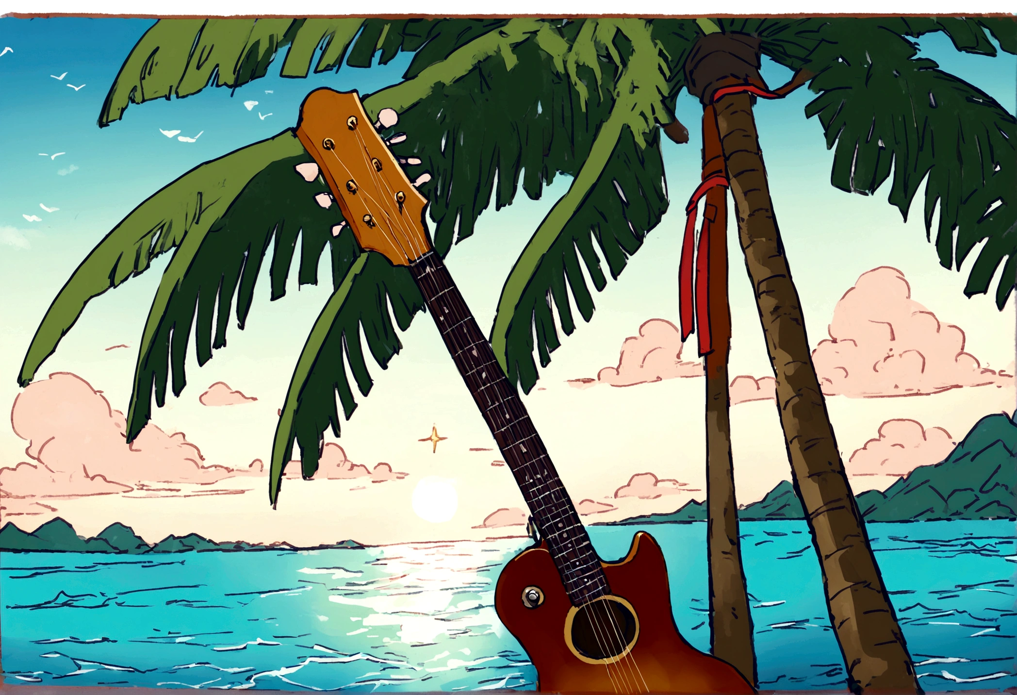 Studio Ghibli Style HMC, 夕暮れ時に棚に座ってplay the guitar少年, Wallpaper 8k, play the guitar, LOFI Girl,(Warm, vibrant colors), (soft, Golden Light), (Sparkling reflections on the water), Anime Style，Ocean，Oceanのビーチ，Coconut Tree