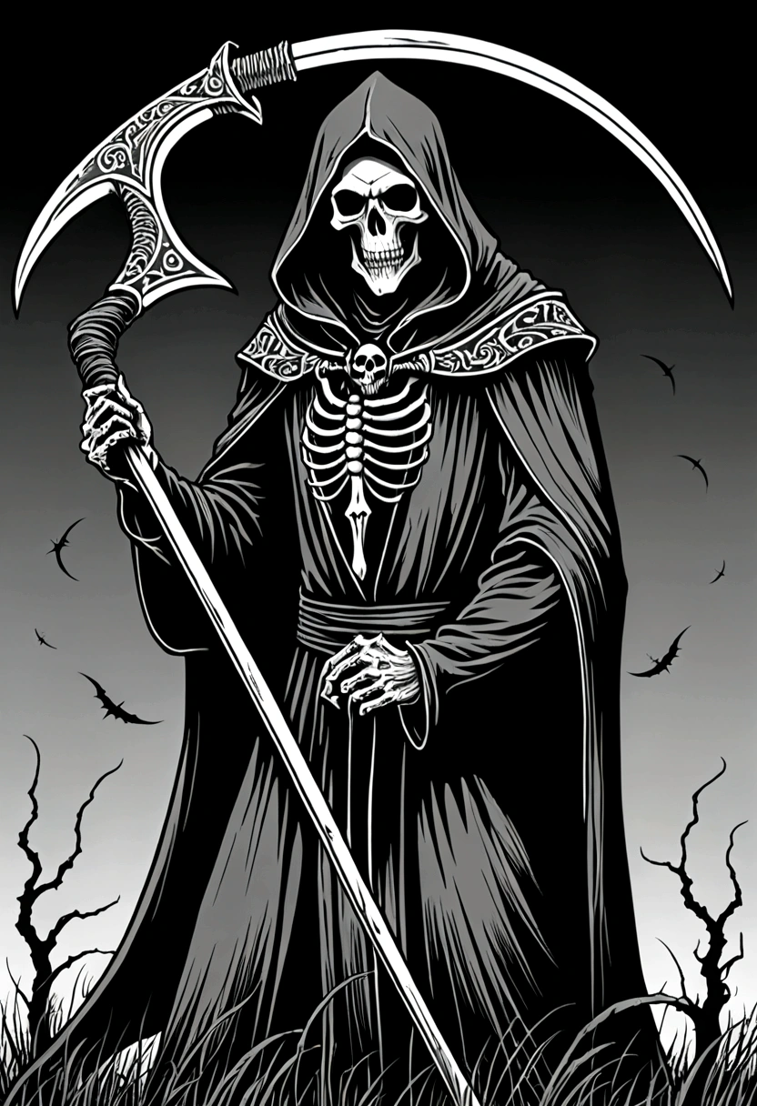 black and white drawing of a grimy grimy character holding a scythe, scythe design, mark riddick, just art for dark metal music, black metal band logo, grim reaper, scythe, detailed cover artwork, reaper, black metal logos, grim, the grim reaper, vvitch, eerie and grim art style, the harbringer of death