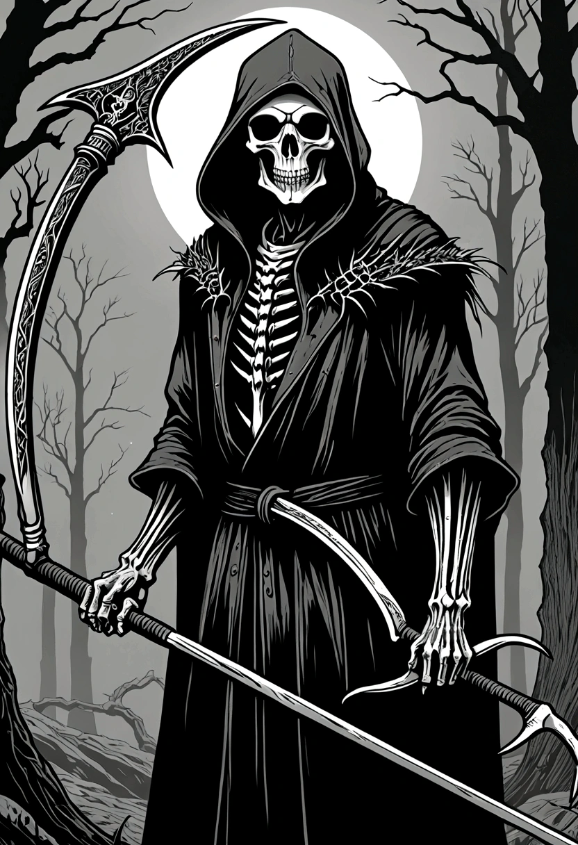 black and white drawing of a grimy grimy character holding a scythe, scythe design, mark riddick, just art for dark metal music, black metal band logo, grim reaper, scythe, detailed cover artwork, reaper, black metal logos, grim, the grim reaper, vvitch, eerie and grim art style, the harbringer of death