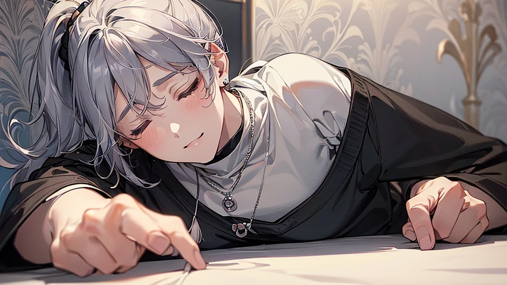 ((((best masterpiece, best quality, wallpaper,)))) solo, guy, male body, small muscles, flat chest, 1male, 30 years old, handsome man, from below, upper body, looking at viewers, hands up, elbows on table, face palm, beautiful detailed, longuette,mediumturquoise hair, ((((Lower short ponytail)))), asymmetrical bangs, short hair,((((closed eyes, ^o^, tareme, droopy eyes,)))) perfect face, sharp nose, seductive smile, clear face, black turtleneck, grey cardigan, ((silver earrings, silver necklace,)) leggings, lighting back, backlighting, pink background color ultrasharp, 8K, masterpiece