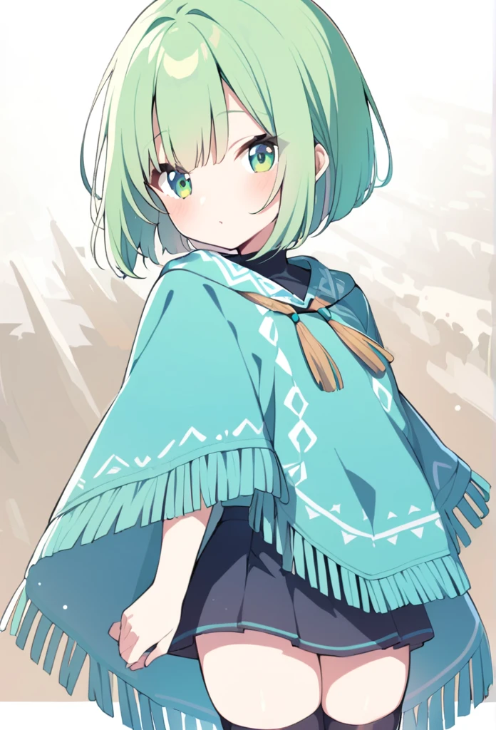 1 girl, cute, young, green hair, bob haircut, green eyes, poncho, thigh high,