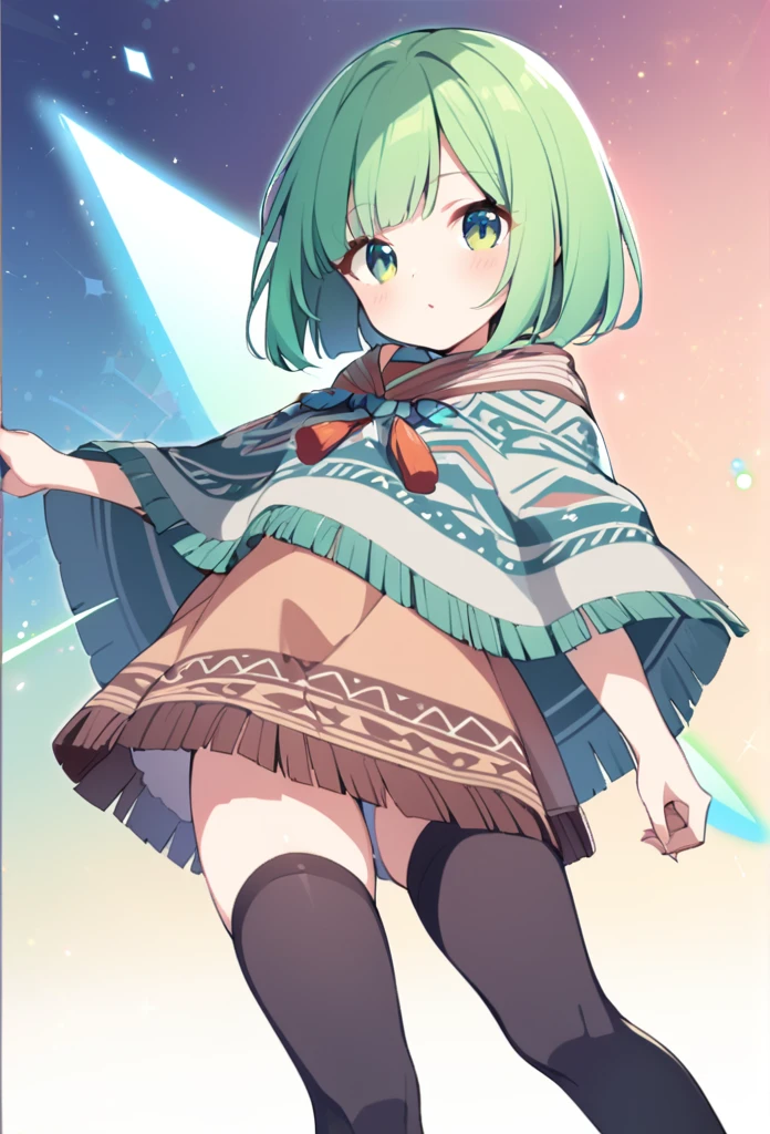 1 girl, cute, young, green hair, bob haircut, green eyes, poncho, thigh high,