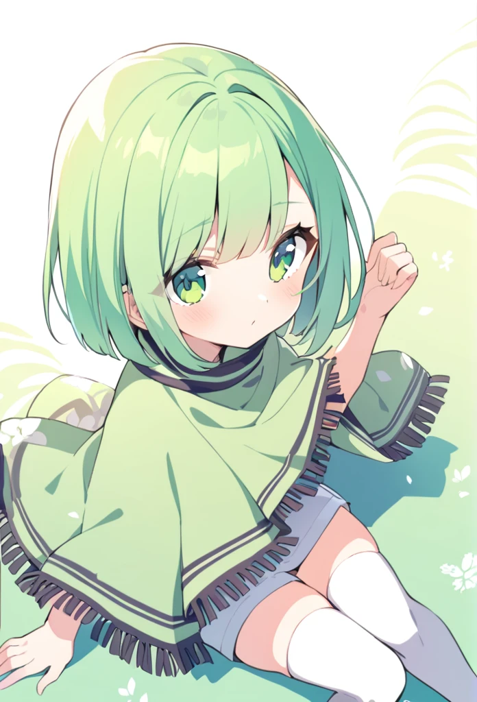 1 girl, cute, young, green hair, bob haircut, green eyes, poncho, thigh high,