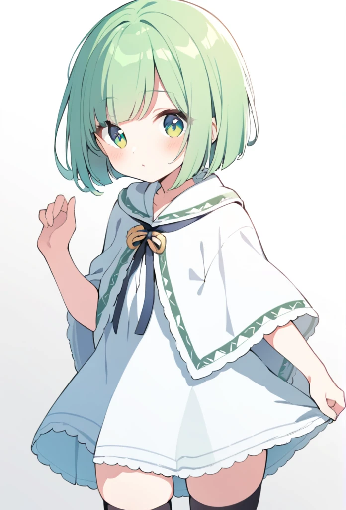 1 girl, cute, young, green hair, bob haircut, green eyes, poncho, thigh high,