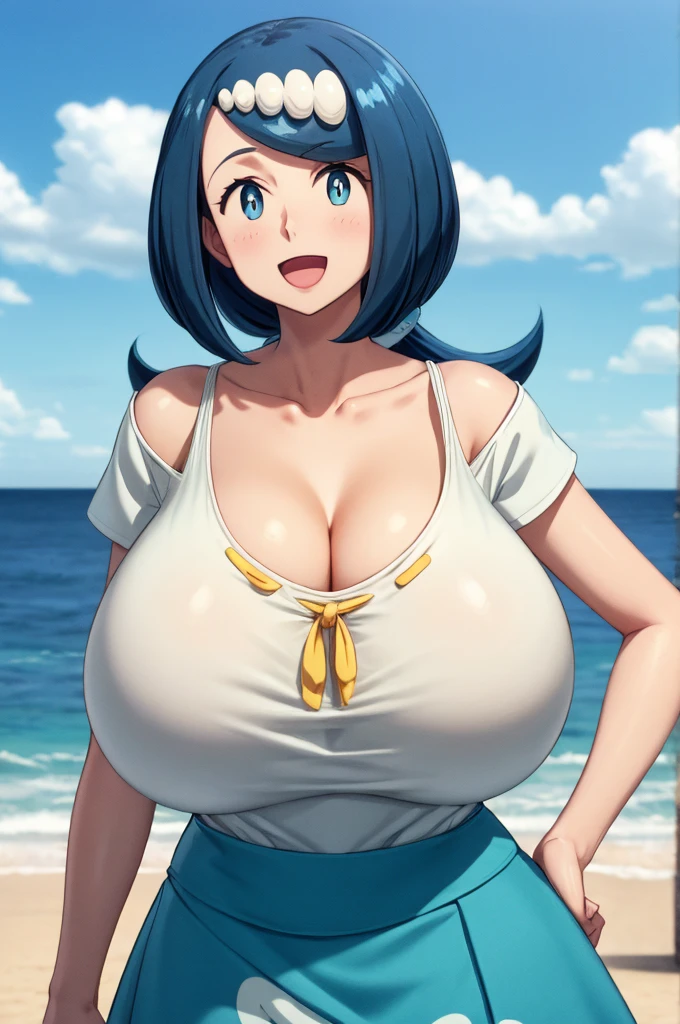 masterpiece, Highest quality, Lana Mother, White Eyes, Long Hair, hair ornaments, shirt, Blue and white skirt, Short sleeve, Large Breasts, Mature Woman, Upper Body, :d, View your viewers, Ocean, Promenade, blue sky, clavicle