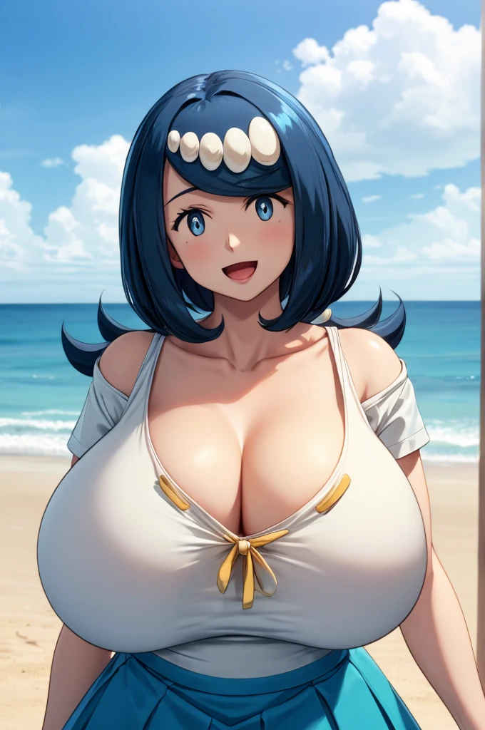 masterpiece, Highest quality, Lana Mother, White Eyes, Long Hair, hair ornaments, shirt, Blue and white skirt, Short sleeve, Large Breasts, Mature Woman, Upper Body, :d, View your viewers, Ocean, Promenade, blue sky, clavicle