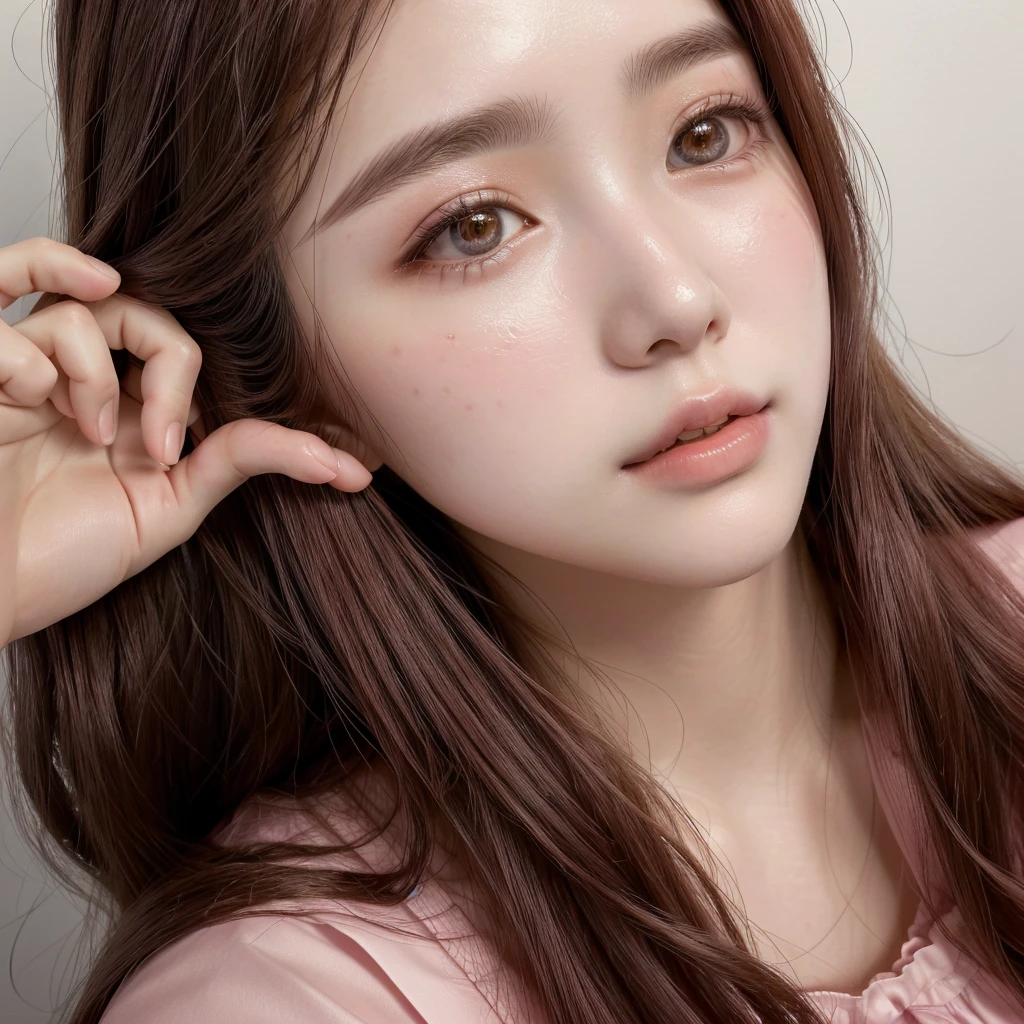 there is a woman with long hair and a pink dress, young lovely korean face, Ulzzang, com cara fofa - linda, lindo rosto delicado, maquiagem sul-coreana popular, jovem rosto bonito, Jinyoung Shin, young pale and beautiful asian face, adorable and pale korean face, garota cara fofa, rosto muito bonito, maquiagem coreana popular, Beautiful aesthetic face