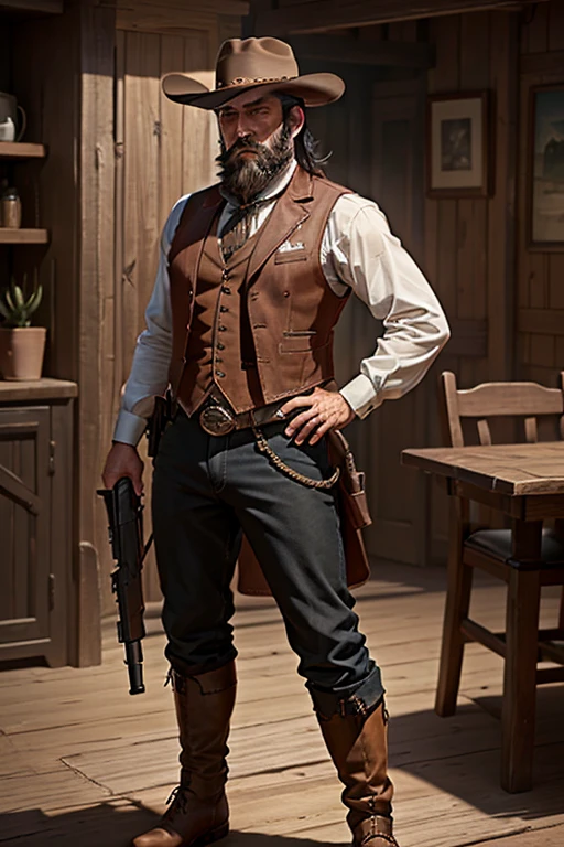 (8k, Highest quality, Tabletop:1.2)、Ultra-high resolution, Detailed face, One Man, 55 years old、Black Hair、beard、short hair、cowboy、Ten-gallon hat、Waistcoat、boots、Gun on hip、wilderness、Cactus、western drama、Hold the rifle