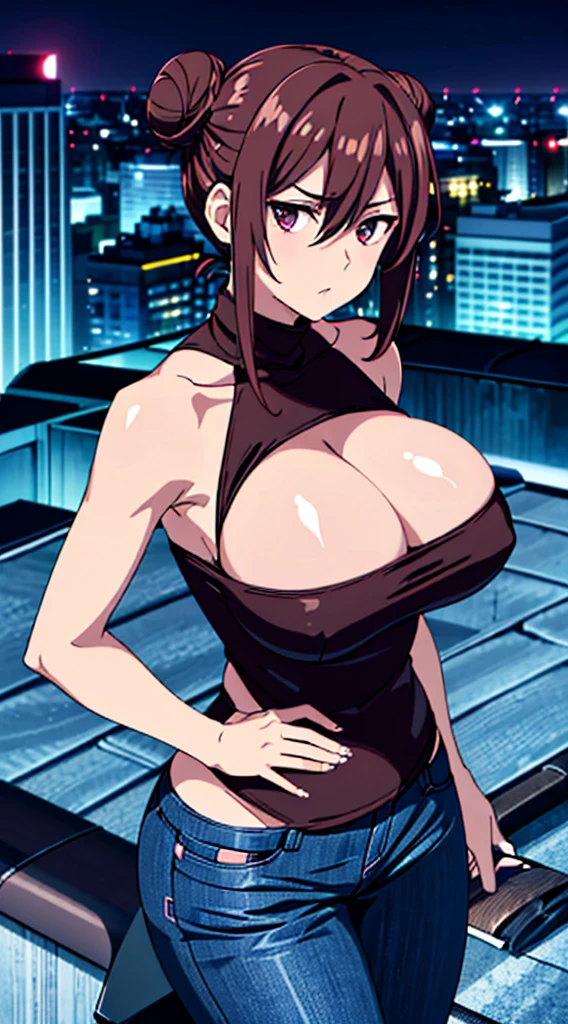 ((Midnight, Best quality, 8k, Masterpiece, 1girl :1.3)), Whole body, Long legs, Sharp focus :1.2, A pretty woman with perfect figure :1.4, Slender abs :1.1, ((Dark brown hair, long huge breasts, sagging breast, side set breast shape:1.5)), (White tight Sweaters, Jean bib, Standing:1.2), ((Pink hair, Bun hair style)), ((serious expression)), ((Night city view, Rooftop:1.3)), Highly detailed face and skin texture, Detailed eyes, Double eyelid
