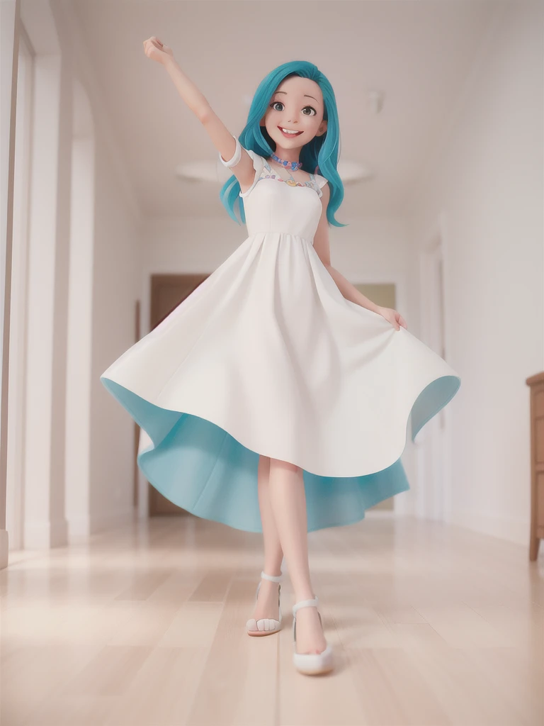 A woman, straight and colorful hair, colorful clothes, wearing a long dress, empty and white landscape, colorful floor, smile on her face, extending her hand, high quality image 1.
