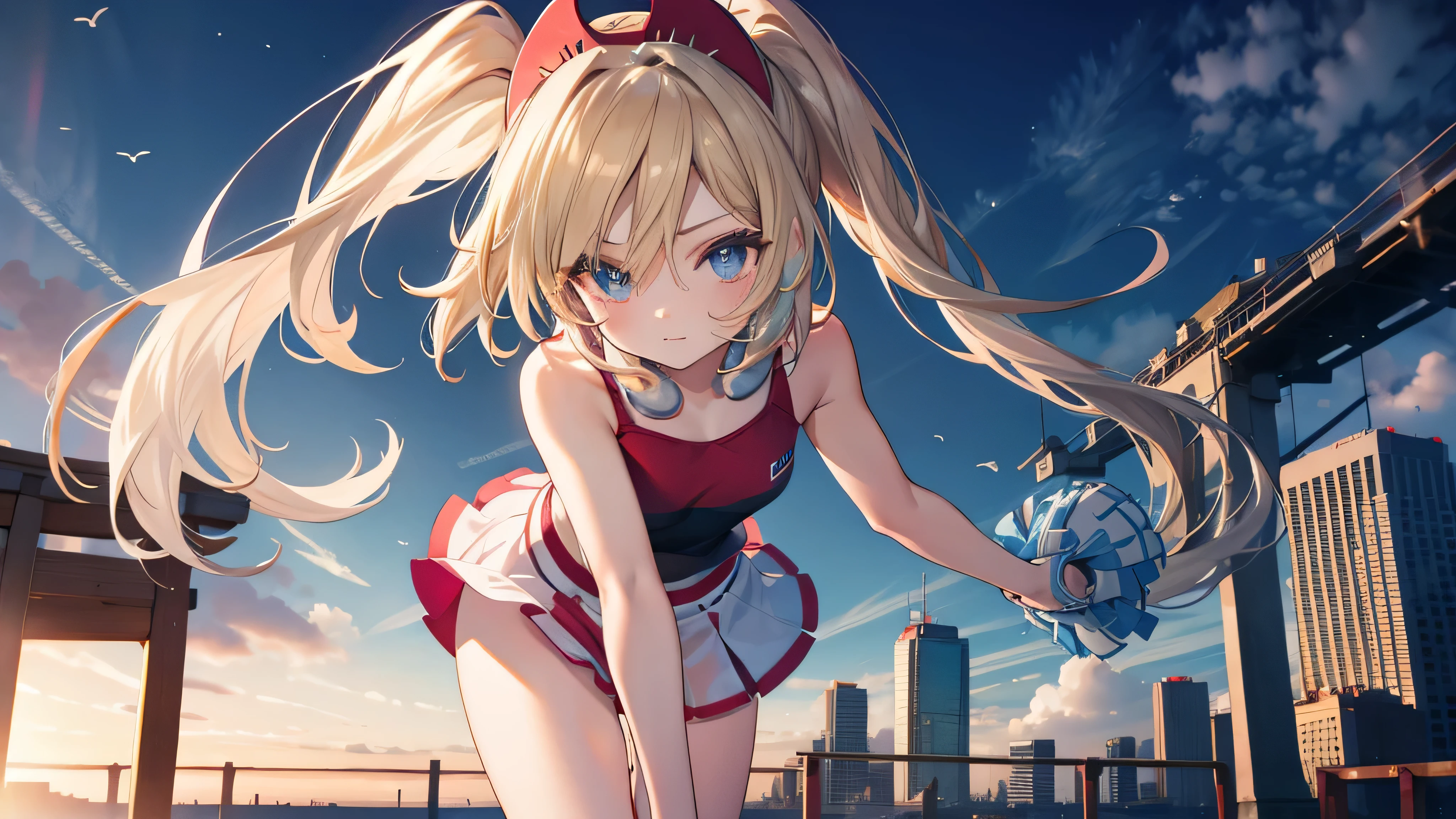 Perfect Anatomy, from the front, Cheerleader, High quality eyes, pretty girl, Peeking from below、Beautiful cityscape