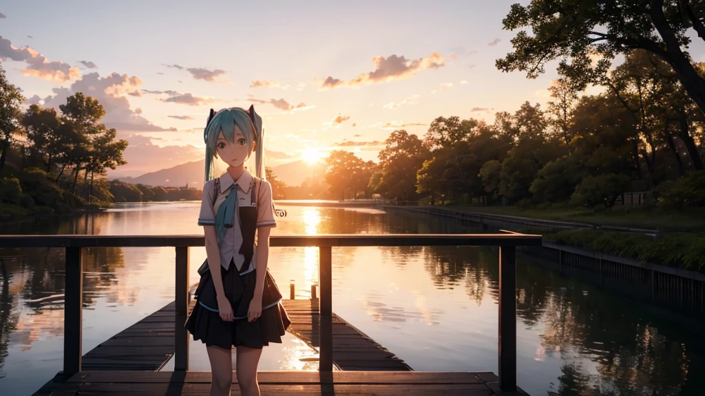 Hatsune Miku standing on a wooden bridge illuminated by the setting sun。She stared into the distance、I&#39;m reminiscing on fond memories。Surrounded by a quiet lake、Her hair is blowing in the wind。This scene is、It has a calm and emotive atmosphere that connects the past and the present.。