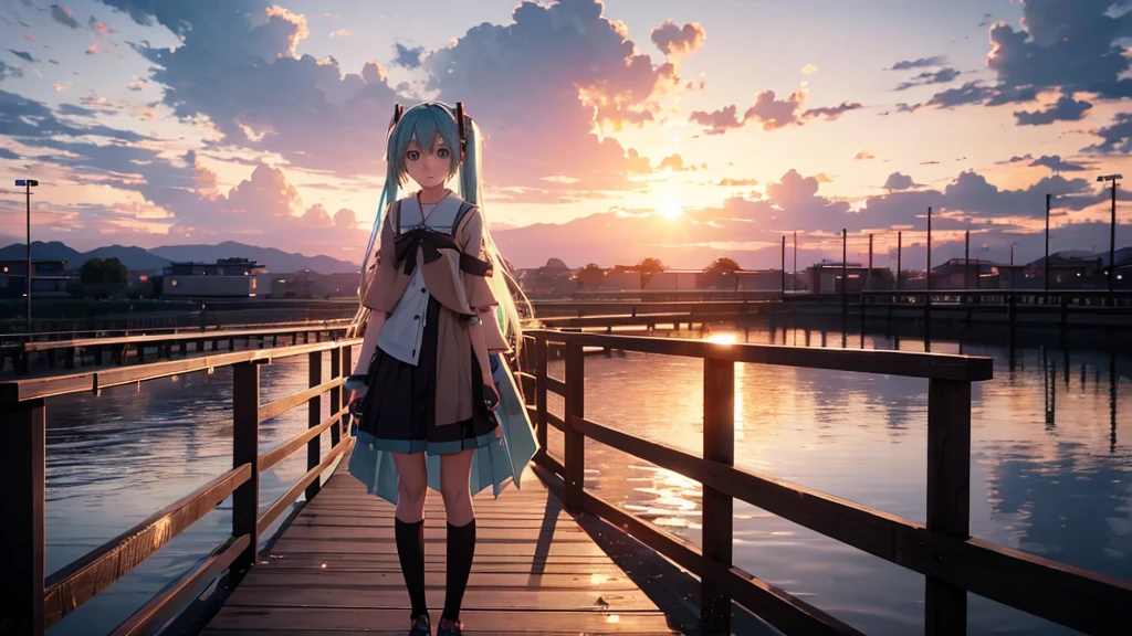 Hatsune Miku standing on a wooden bridge illuminated by the setting sun。She stared into the distance、I'm reminiscing on fond memories。Surrounded by a quiet lake、Her hair is blowing in the wind。This scene is、It has a calm and emotive atmosphere that connects the past and the present.。