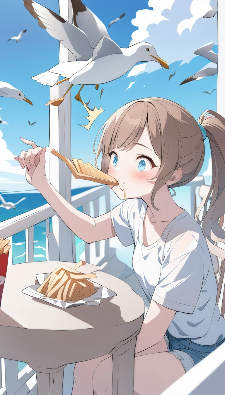 Highest quality、masterpiece、(((Seagull eating fries:1.37、Very detailed seagull、Correct depiction of a seagull:1.2)))、break、(((Girl watching seagulls、Surprised expression:1.37)))、break、Brown Hair、ponytail、pretty girl、White T-shirt、Denim hot pants、White cloud、blue sea、White balcony、table、