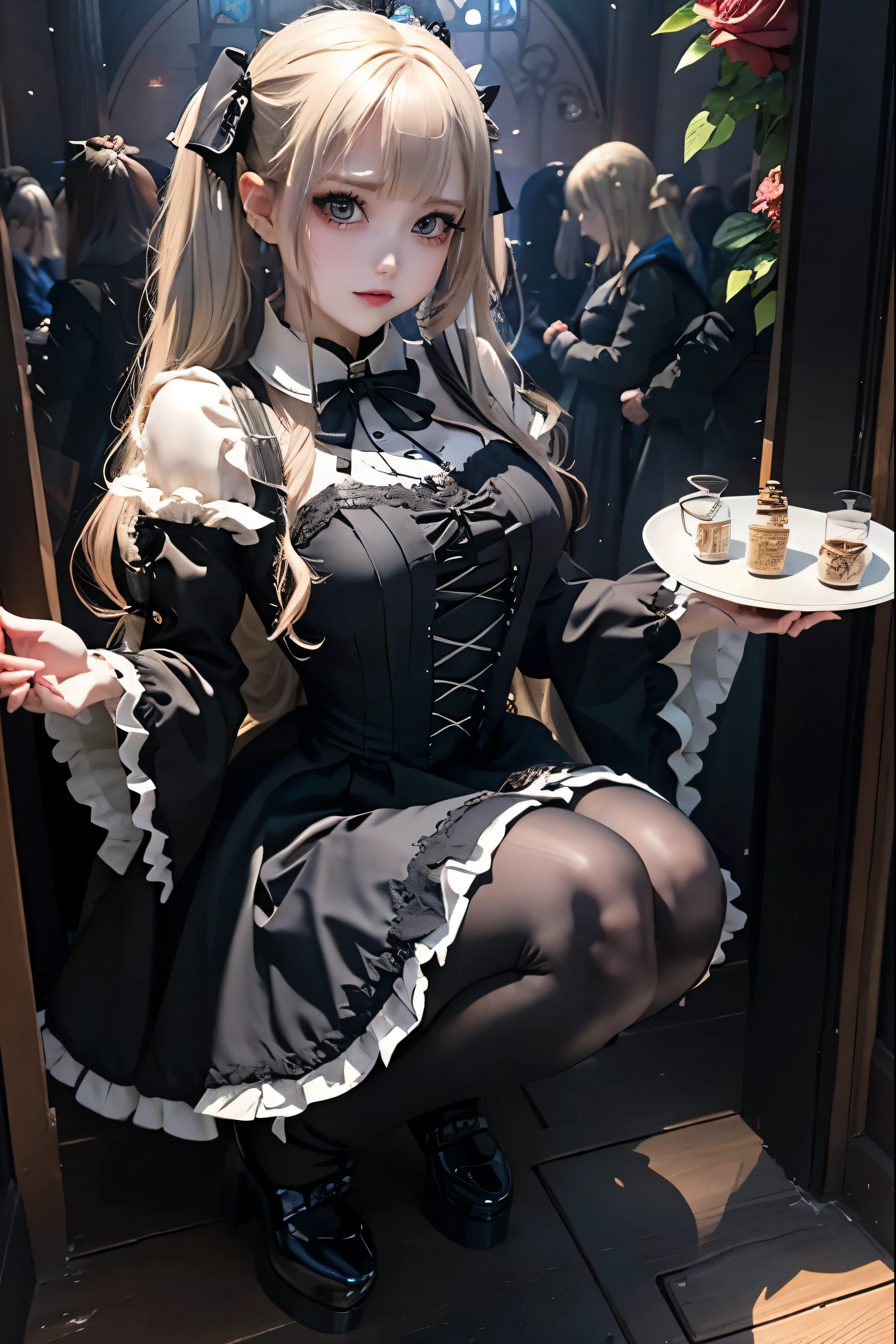 masterpiece, best quality, doamarie, twintails, x hair ornament, hair ribbon, choker, harness, black skirt, black dress, detached sleeves, black sleeves, frills, looking at viewer, smile, platform boots, sitting, table, chair, mansion, teapot, cake