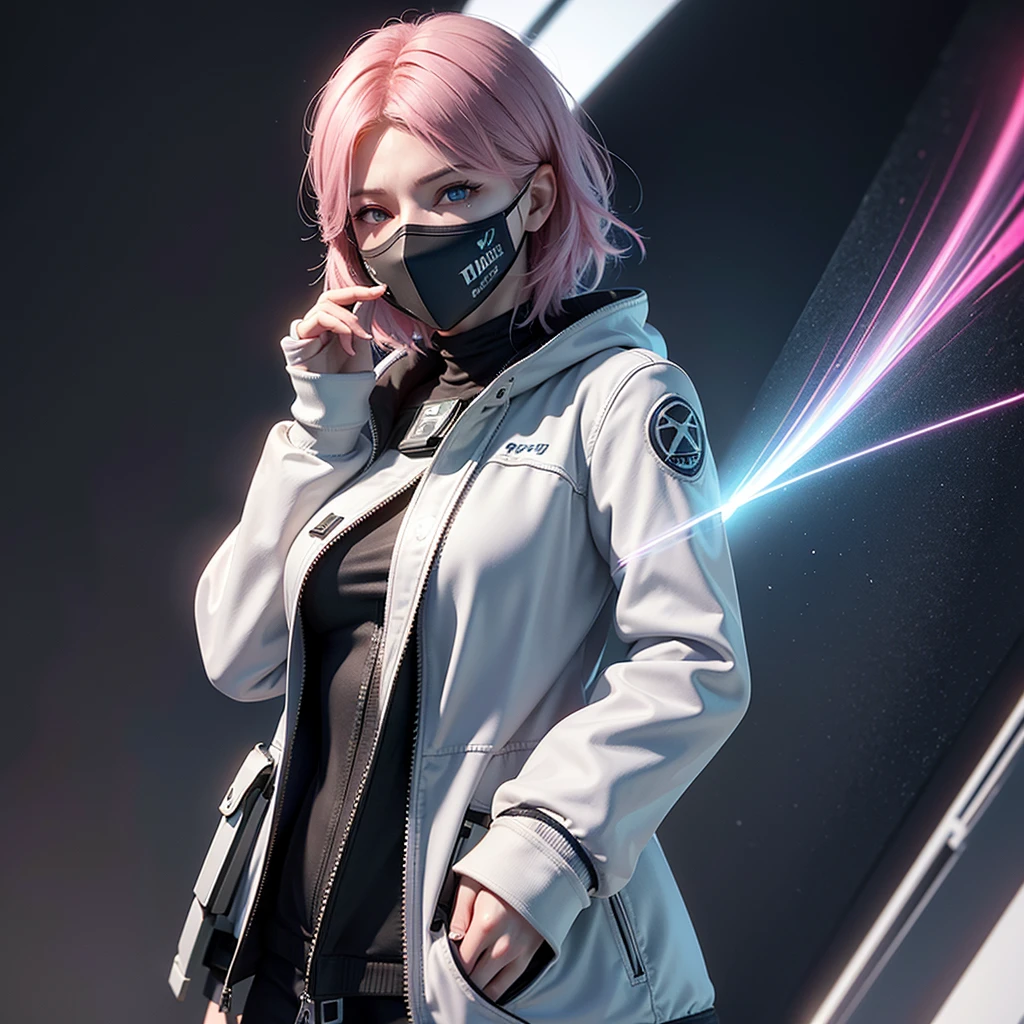 ((best quality)), ((masterpiece)), (detailed:1.4), 3d, Image of a beautiful cyberpunk woman, short pink hair, blue eyes, angry face, (((white masker))), HDR (high dynamic range), ray tracing, NVIDIA RTX, super resolution ,unreal 5, underground spawning, PBR texturing, After treatment, Anisotropic filtering, depth of field, Maximum sharpness and clarity, multilayer texture, albedo and reflection maps, surface shading, Accurate simulation of light-material interactions,perfect proportions,octane rendering,two tone lighting,wide aperture,low iso,white balance,rule of thirds,8K RAW,