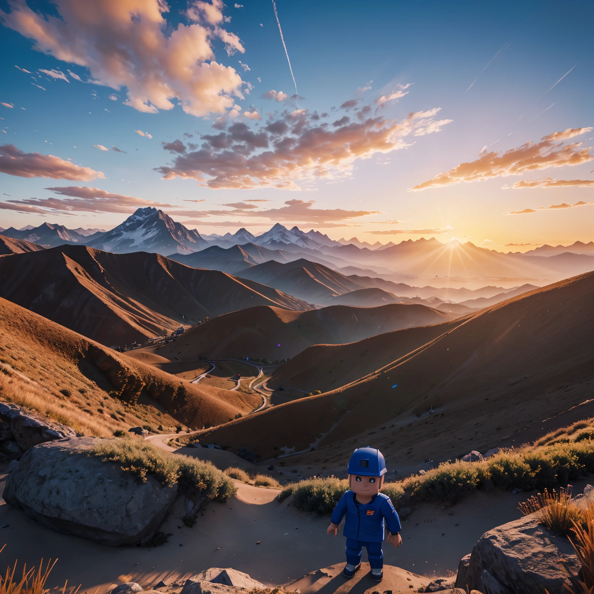 roblox boy is in the middle of a future city with high mountains and beautiful blue-orange sunset sunlight (image quality 8k 5D) realistic, futuristic,