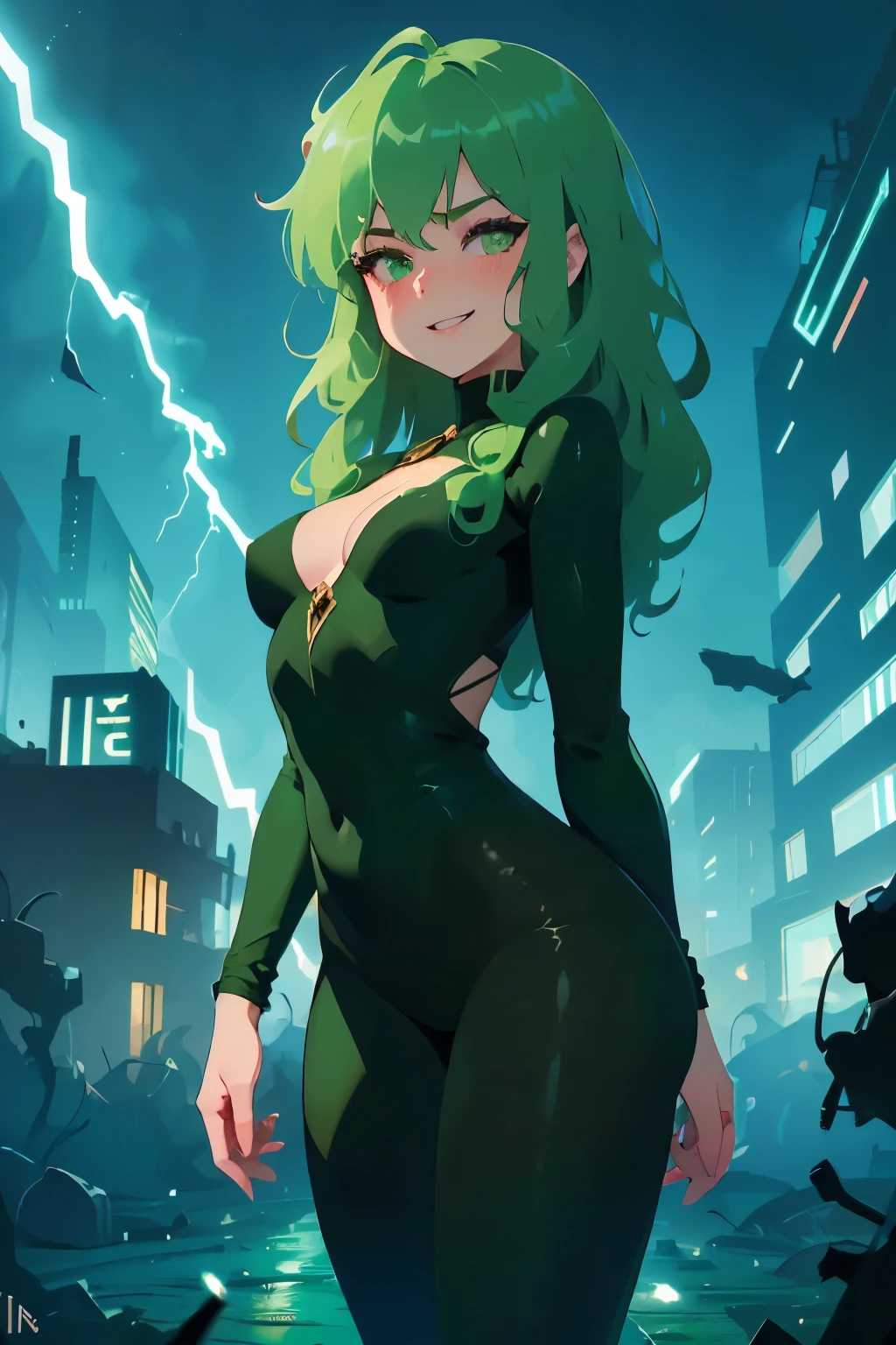 Masterpiece, (Best Quality:1.2), (Super Fine:1.2) a flat, small-frame sexy small woman with green curly hair, green eyes, with a sexy blush, and a sexy grin, wearing a dark green superhero full-body suit, green lightning is crackling around her body, the background is a destroyed city 