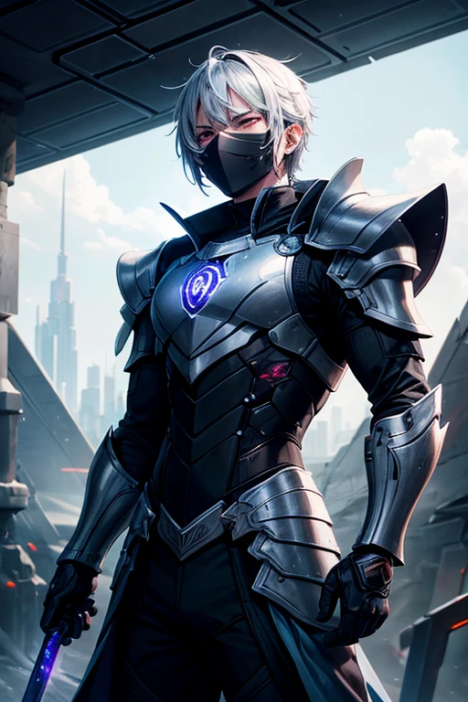 Desenhe um guerreiro futurista, mixing elements of advanced armor and draconian inspiration. He wears sleek, shiny armor that resembles dragon scales., com detalhes luminescentes azulados. Your sword is black as night, com linhas azuladas que parecem pulsar com energia. He's in a combat pose, with eyes visible through armor mask, conveying intense determination. The surrounding scenery suggests a futuristic environment, highlighting advanced technology and an urban landscape in the background, iluminada por luzes neon."