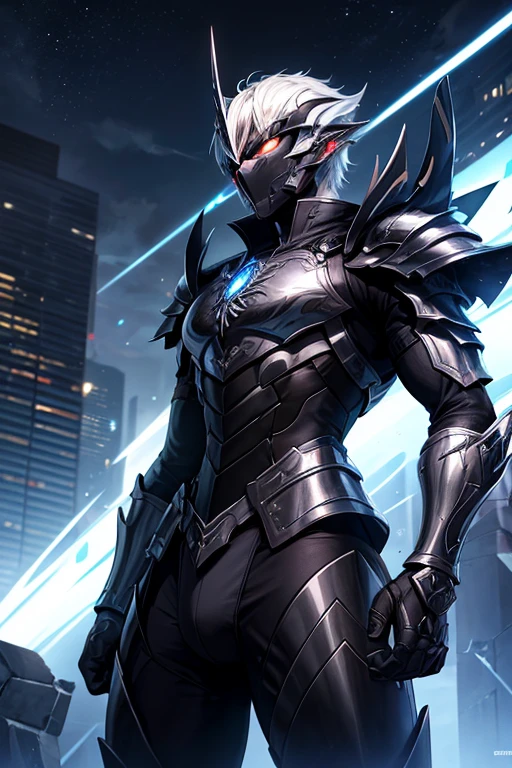  Desenhe um guerreiro futurista, mixing elements of advanced armor and draconian inspiration. He wears sleek, shiny armor that resembles dragon scales., com detalhes luminescentes azulados. Your sword is black as night, com linhas azuladas que parecem pulsar com energia. He's in a combat pose, with eyes visible through armor mask, conveying intense determination. The surrounding scenery suggests a futuristic environment, highlighting advanced technology and an urban landscape in the background, iluminada por luzes neon."