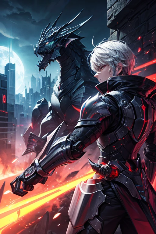 Desenhe um guerreiro futurista, mixing elements of advanced armor and draconian inspiration. He wears sleek, shiny armor that resembles dragon scales., com detalhes luminescentes azulados. Your sword is black as night, com linhas azuladas que parecem pulsar com energia. He's in a combat pose, with eyes visible through armor mask, conveying intense determination. The surrounding scenery suggests a futuristic environment, highlighting advanced technology and an urban landscape in the background, iluminada por luzes neon."