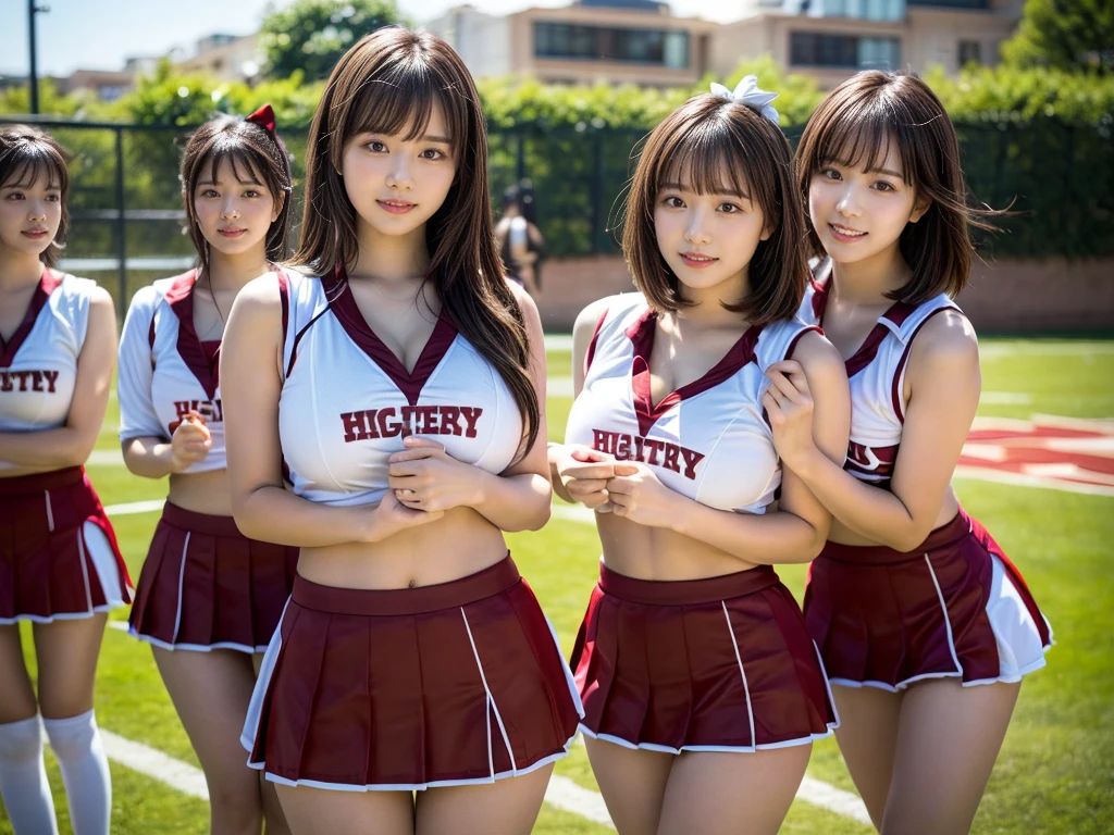 (RAW photo, 4k, masterpiece, high resolution, extremely complex) (realistic: 1.4), cinematic lighting
((2 girls, 2 schoolgirls)),blushing,((innocent)),bright eyes,round eyes,blunt bangs,(short bob hair:1.3),black hair,large breasts,wide hips,Summer Noon, ,Hot, (Best Quality), (Highres), (an Extremely Delicate and Beautiful),(Beautiful 8k face),(Brown eyes),( spectators),(gigantic breasts),(Play with each other,Touching each other's bodies,Touching the body),(cheer girl:1.5),(a miniskirt),(reality),bright lighting,(The background is a luxury hotel room)