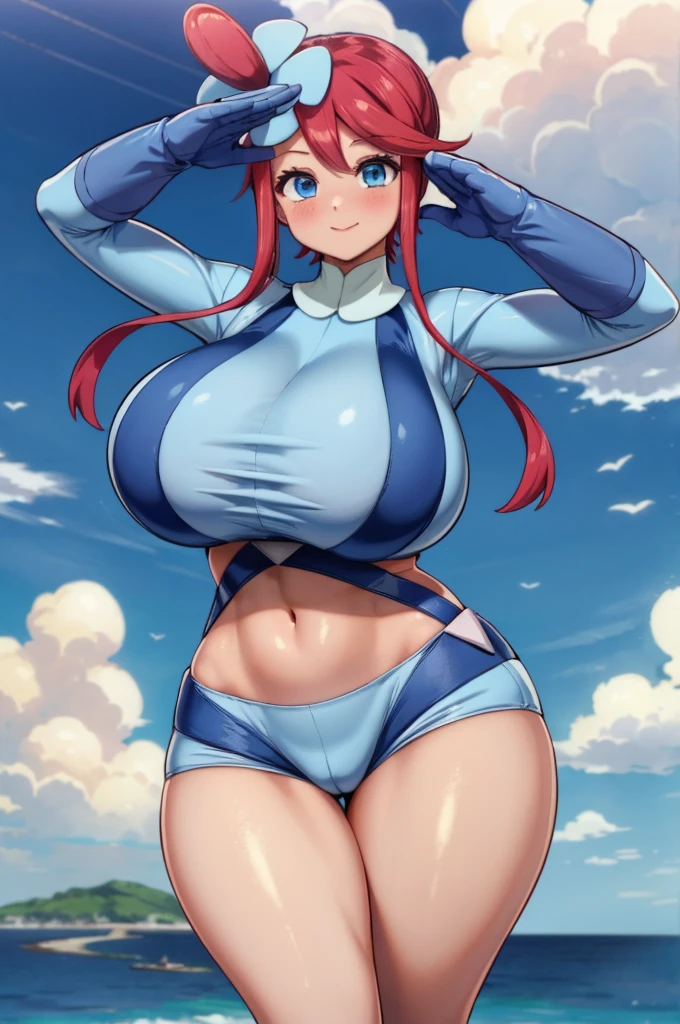 (masterpiece, Highest quality:1.2) Scylla, Pokemon, One girl, alone, View your viewers, smile, Redhead, (Sunburn:1.1), Side Lock, hair ornaments, blush, blue eyes, (Large Breasts:1.4), belly button, Wide Hips, Thick thighs, abdomen, Crop top, Short shorts, turtleneck, Blue shorts, Blue gloves, salute, blue sky, cloud