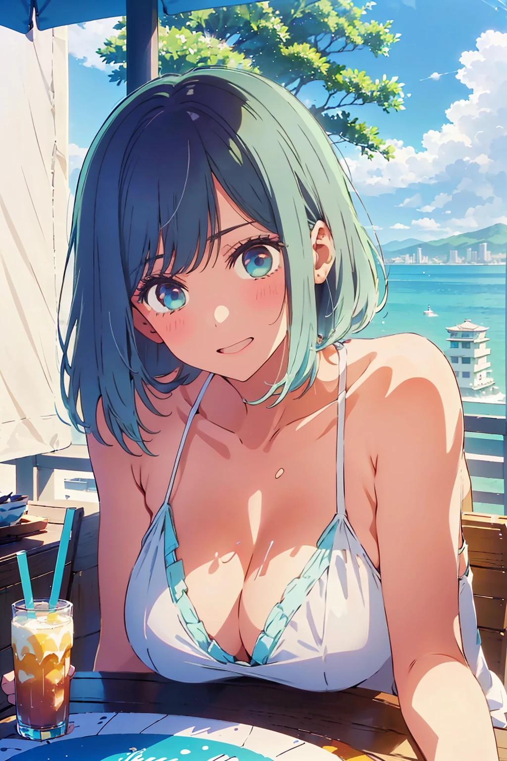 Highest quality,8k,detailed,F cup bust、Big Breasts、Very cute face、Slim and beautiful arms、Slim body、((((1 person、looking at the camera、smile、、Very white beautiful skin、Thin white bikini、smile、sit、In the background are the skyscrapers of Tokyo city、Outdoor café terrace、Drink juice、Cheek resting on hand、coastal、table、Shooting from a distance))))、I can see the deep blue sky、She tilted her head slightly、The atmosphere is bright and lively、The woman is at the center of the image。