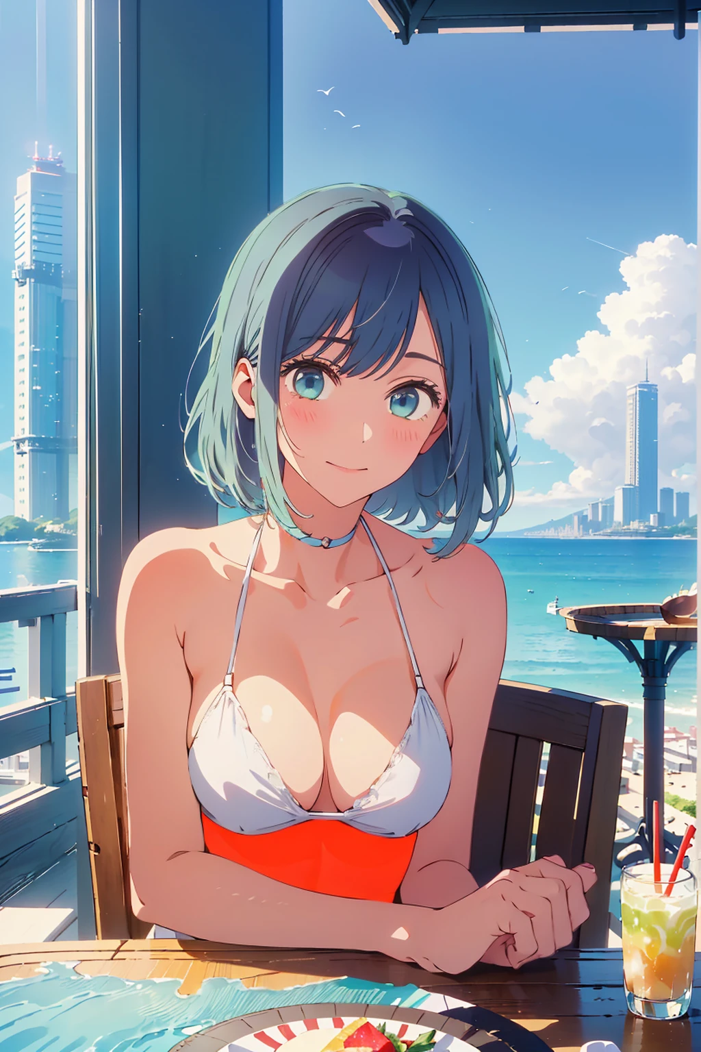 Highest quality,8k,detailed,F cup bust、Big Breasts、Very cute face、Slim and beautiful arms、Slim body、((((1 person、looking at the camera、smile、、Very white beautiful skin、Thin white bikini、smile、sit、In the background are the skyscrapers of Tokyo city、Outdoor café terrace、Drink juice、Cheek resting on hand、coastal、table、Shooting from a distance))))、I can see the deep blue sky、She tilted her head slightly、The atmosphere is bright and lively、The woman is at the center of the image。