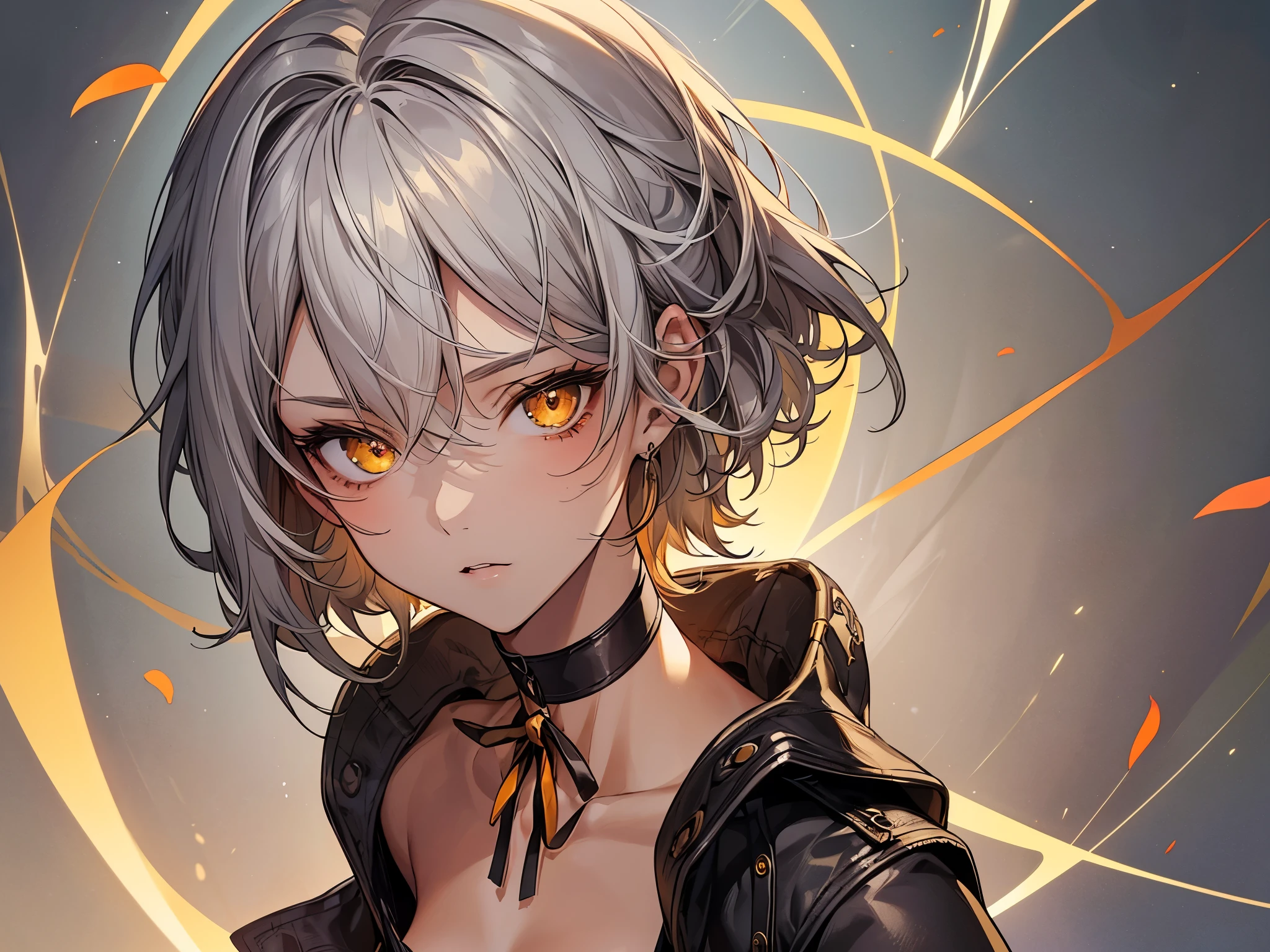 masterpiece, Highest quality, Perfect Face, Highest Resolution, Highest quality,Detailed depiction of the eyes, 1 girl, young, slender body, Short, deep tan skin, slate gray hair, short hair, upturned eyes, Yellow Orange eyes, Perfect Anatomy, steampunk, ribbon choker, Work clothes, Workshop