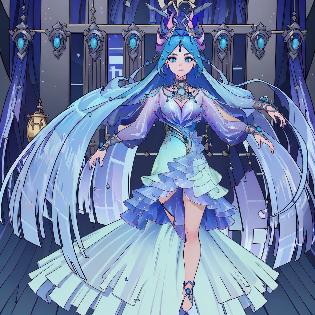 8k,highres,absurdres,masterpiece,best quality,original,extremely detailed CG,extremely detailed wallpaper,perfect lighting,1girl,solo,blurry_background,looking_at_viewer,standing on the stage,
WZRYdiaochanHQG,blue hair,dress,bare legs,long hair,blue eyes,hair ornament,jewelry,high heels,necklace,puffy long sleeves,