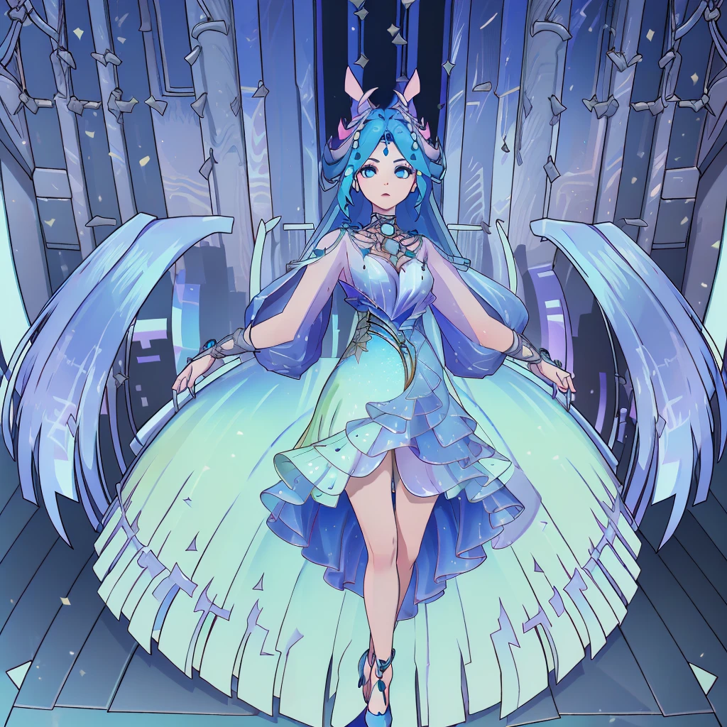 8k,highres,absurdres,masterpiece,best quality,original,extremely detailed CG,extremely detailed wallpaper,perfect lighting,1girl,solo,blurry_background,looking_at_viewer,standing on the stage,
WZRYdiaochanHQG,blue hair,dress,bare legs,long hair,blue eyes,hair ornament,jewelry,high heels,necklace,puffy long sleeves,