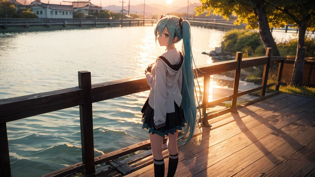 Hatsune Miku standing on a wooden bridge illuminated by the setting sun。She stared into the distance、I'm reminiscing on fond memories。Surrounded by a quiet lake、Her hair is blowing in the wind。This scene is、It has a calm and emotive atmosphere that connects the past and the present.。
