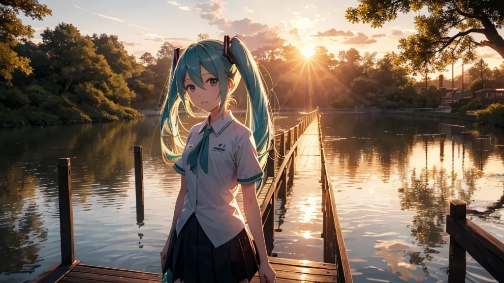 Hatsune Miku standing on a wooden bridge illuminated by the setting sun。She stared into the distance、I'm reminiscing on fond memories。Surrounded by a quiet lake、Her hair is blowing in the wind。This scene is、It has a calm and emotive atmosphere that connects the past and the present.。