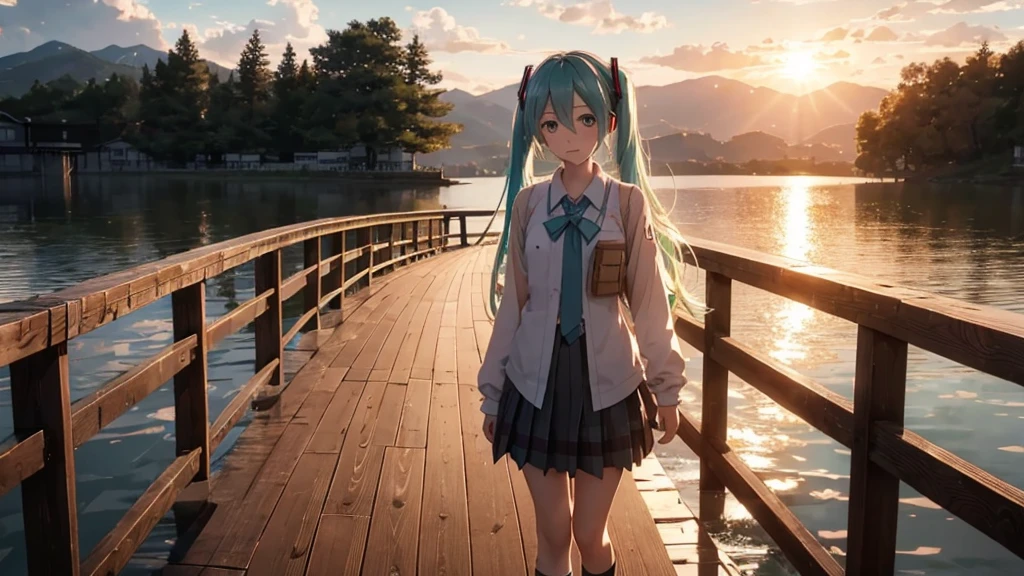 Hatsune Miku standing on a wooden bridge illuminated by the setting sun。She stared into the distance、I'm reminiscing on fond memories。Surrounded by a quiet lake、Her hair is blowing in the wind。This scene is、It has a calm and emotive atmosphere that connects the past and the present.。