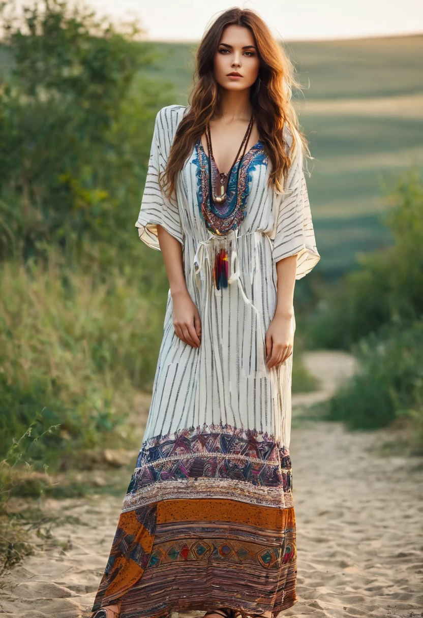, Beautiful attractive woman , stand up, boho style, full-length