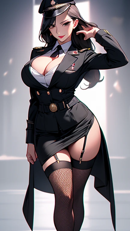 Mature Woman,(uniform,Tight Skirt, High heels,stockings,Uniform cap)((Female Officer、female soldier、female cadres、NCO)),、((A seductive smile)), (From above:1.1), blush, eyelash, Beautiful Eyes, belly button, Fishnet Focus),Mole on chest, Perfect body, Thick thighs, Wide Hips, Seductive Woman, Red lips, Shadow, There is cleavage in the chest,Villainess