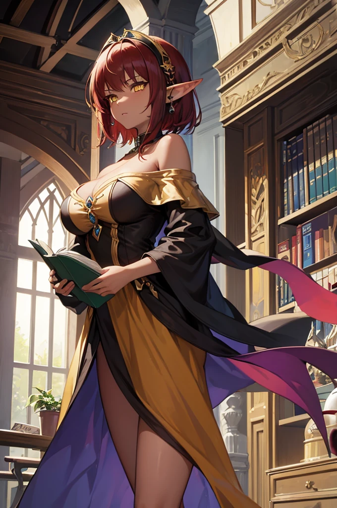 ((best quality)), ((masterpiece)), (detailed), Perfect face, girl, , Red hair, short hair，Brown skin，Yellow eyes,Fantasy style, Off-shoulder dress，shawl，Backless，Elf ears，Delicate fingers，Huge Breasts，Magic book，library