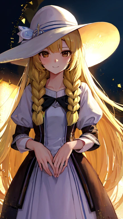 masterpiece, Highest quality, High resolution，Follow the prompts、Anime Style、One Girl、Lady、Long blonde、Pale brown eyes、Put your bangs in thin braids、白色のLadyドレス、Wide-brimmed hat、smile