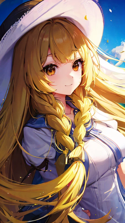 masterpiece, Highest quality, High resolution,Follow the prompts、Anime Style、One Girl、Lady、Long blonde、Pale brown eyes、Put your bangs in thin braids、白色のLadyドレス、Wide-brimmed hat、smile