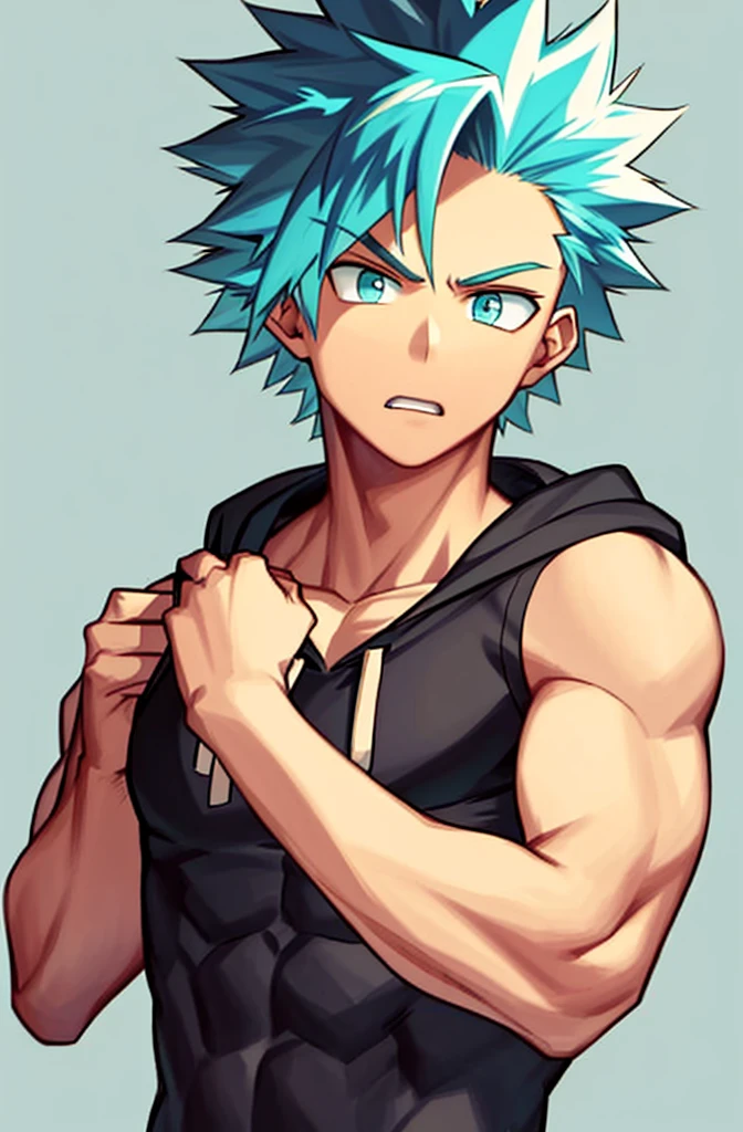 ((rough expression)), ((light skin)), ((hoodie)), ((young muscular male)), ((toned six abs)), 14 years old boy, 1boy, beautifully drawn, high resolution illustration, best quality, High definition, ((detailed anime sketch)), Masterpiece, (solo), absurdres, portrait, ((upper body)), ((close-up)), ((turquoise hair)), ((spiked hair)), detailed background, fine detail, male focus, HDR, ((short hair)), ((turquoise eyes)), ((lifting shirt))