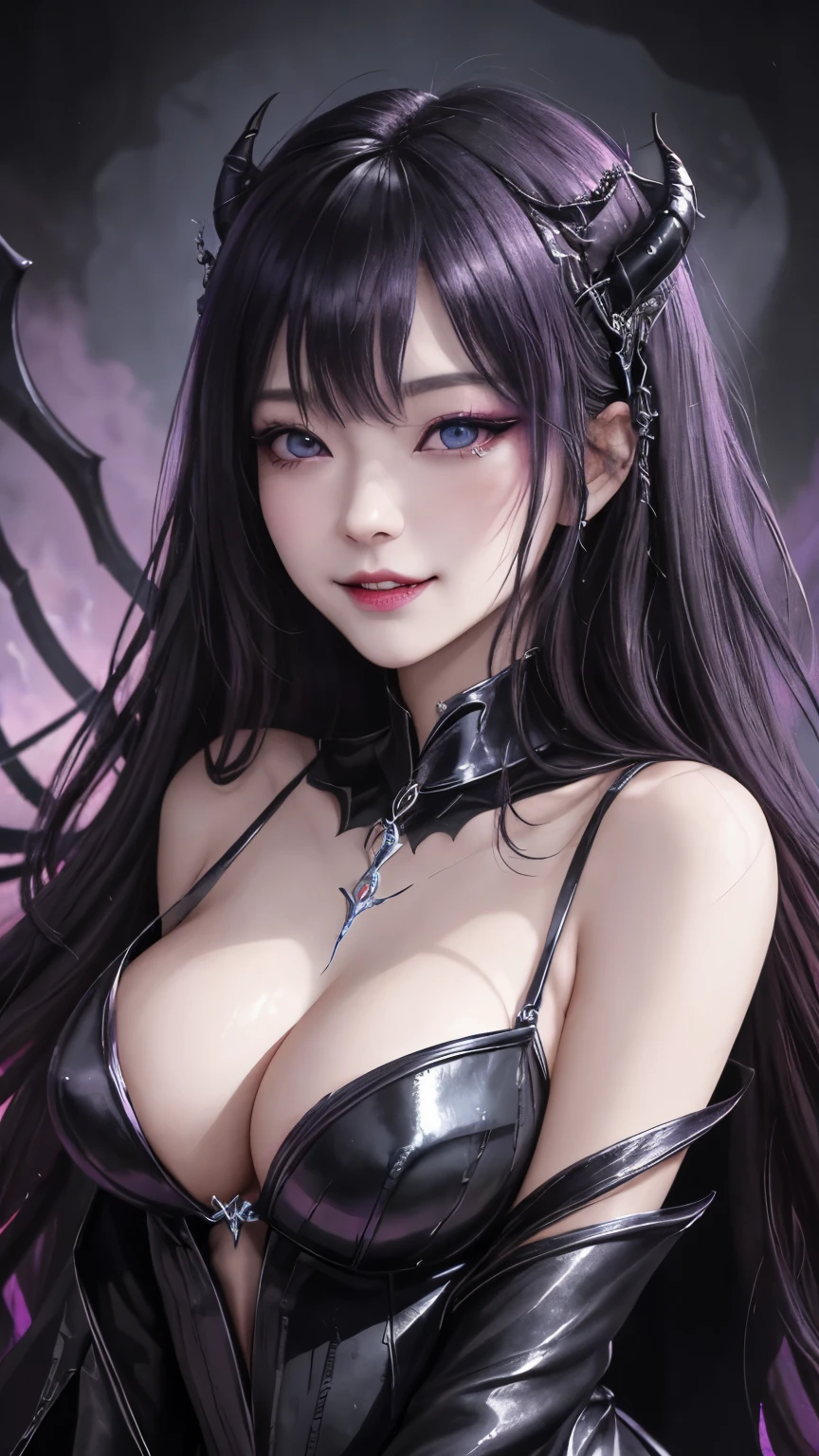arcane arachnid lady, elise the spider queen, league of legends, arcane arachnid, fighting stance, ( body formed from metallic mauveine and metallic black liquid metallic paint twisting into a beautiful interpretation of the female figure), long sharp fangs, au naturel, ((complex metallic colours in the foreground)), (( fluid mechanics, the loveliest smooth scale face makeup, smirky expression)) - dark blood, onyxia、 painting of a beautiful young witch, Long purple hair, Rich purple lips, evil, evil female, smile, Black Prom Dress, She is coming to you, Close-up, Bright Blue Eyes, Surrounded by swirling pink smoke, Genuine, High detail, Highest quality、A beastly demon wields a vicious blade, Blood Chain, Behemoth Bones, Snake-like tentacles, Cruel Teeth, Expressions of madness, Oppressive Dungeon. 8K Vision Reveals Fear, Ultra HD details show off monstrous, Grotesque shadows dance, The creature whispers, Stifling atmosphere, Visual distress, Visible Madness. blade, A flash of malice shines, reflect (light) Beyond the Darkness, Unravel (Crisp details) and、Add a dizzying dimension to the impending chaos.